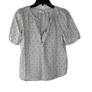 LOFT Short Sleeve Vneck Striped & Tufted 1/2 Button Front Blouse Size XS